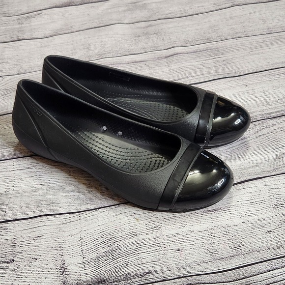 Crocs Womens Shoes Ballet Flats Size 7 Solid Black Cap Toe Shiny - Picture 4 of 12